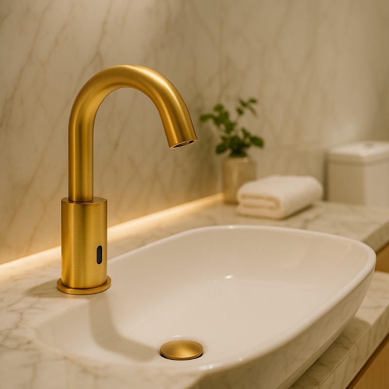 Close-up of chrome sensor faucet body and outlet